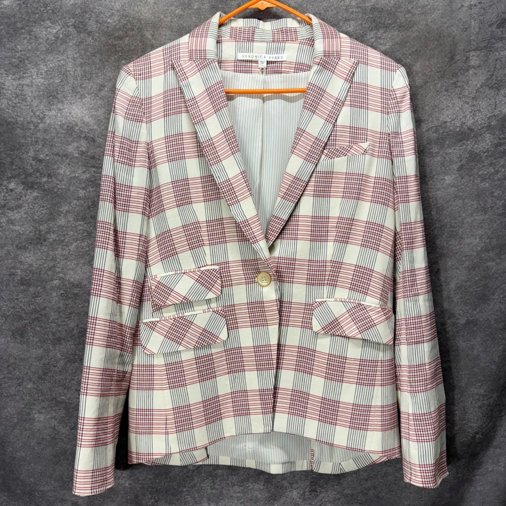 Veronica Beard Khan Check Print Linen Blazer Size 8 Red White Plaid Preppy